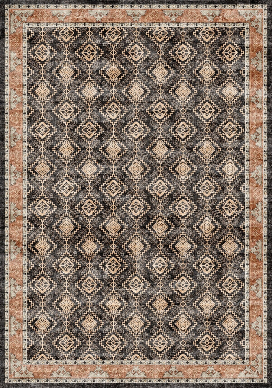 Dallas Siyah Bej Geometrik Kilim Desenli Yıkanabilir Özel Ölçü Halı - ürün görseli