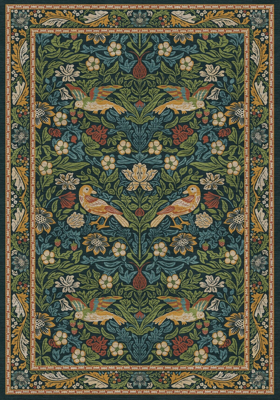 Houston Yeşil Kuş ve Çiçek Desenli Vintage Yıkanabilir Özel Ölçü Halı - ürün görseli