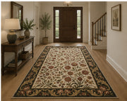 Pittsburgh Krem Siyah Bordürlü Çiçekli Klasik Desenli Yıkanabilir Özel Ölçü Halı - ürün görseli