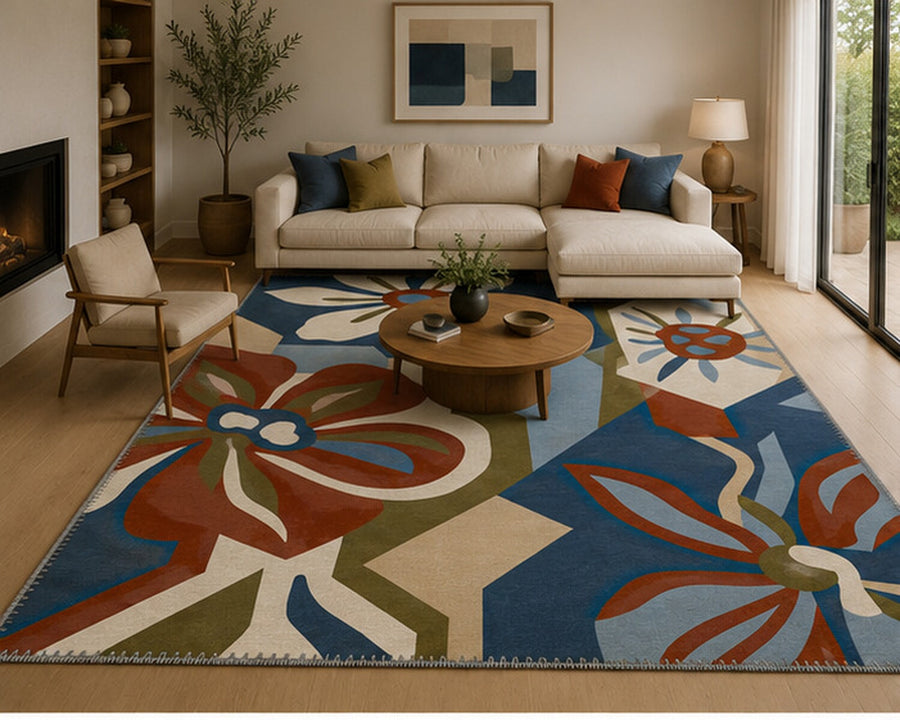 Waxahachie Mavi Geometrik Çiçek Desenli Modern Yıkanabilir Özel Ölçü Halı - ürün görseli