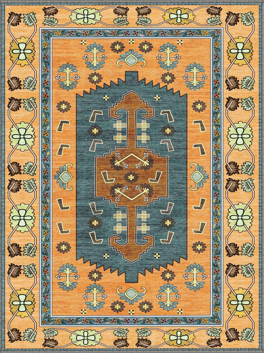 Nacogdoches Turuncu Mavi Geometrik Desenli Vintage Yıkanabilir Özel Ölçü Halı - ürün görseli