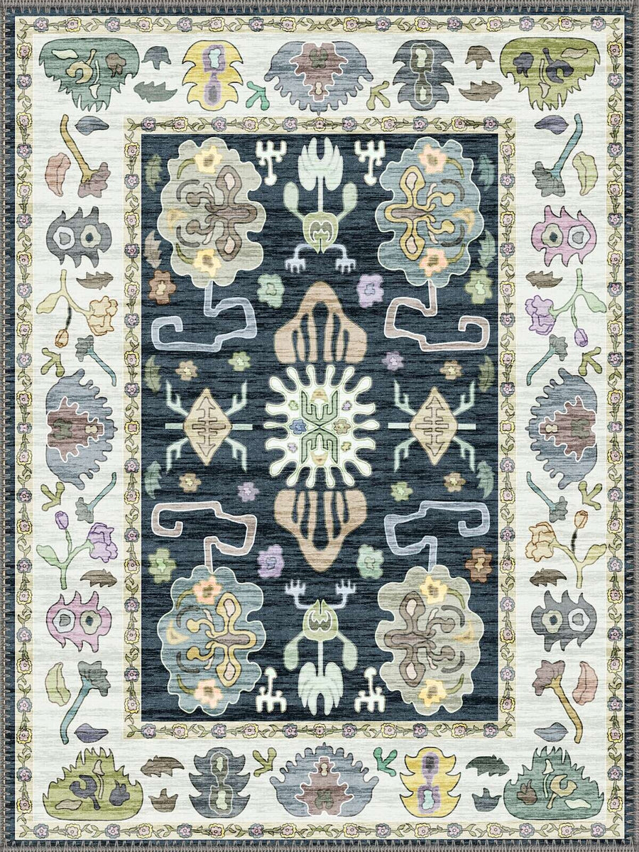 Silver Lake Uşak Desenli Lacivert Vintage Yıkanabilir Özel Ölçü Halı - ürün görseli