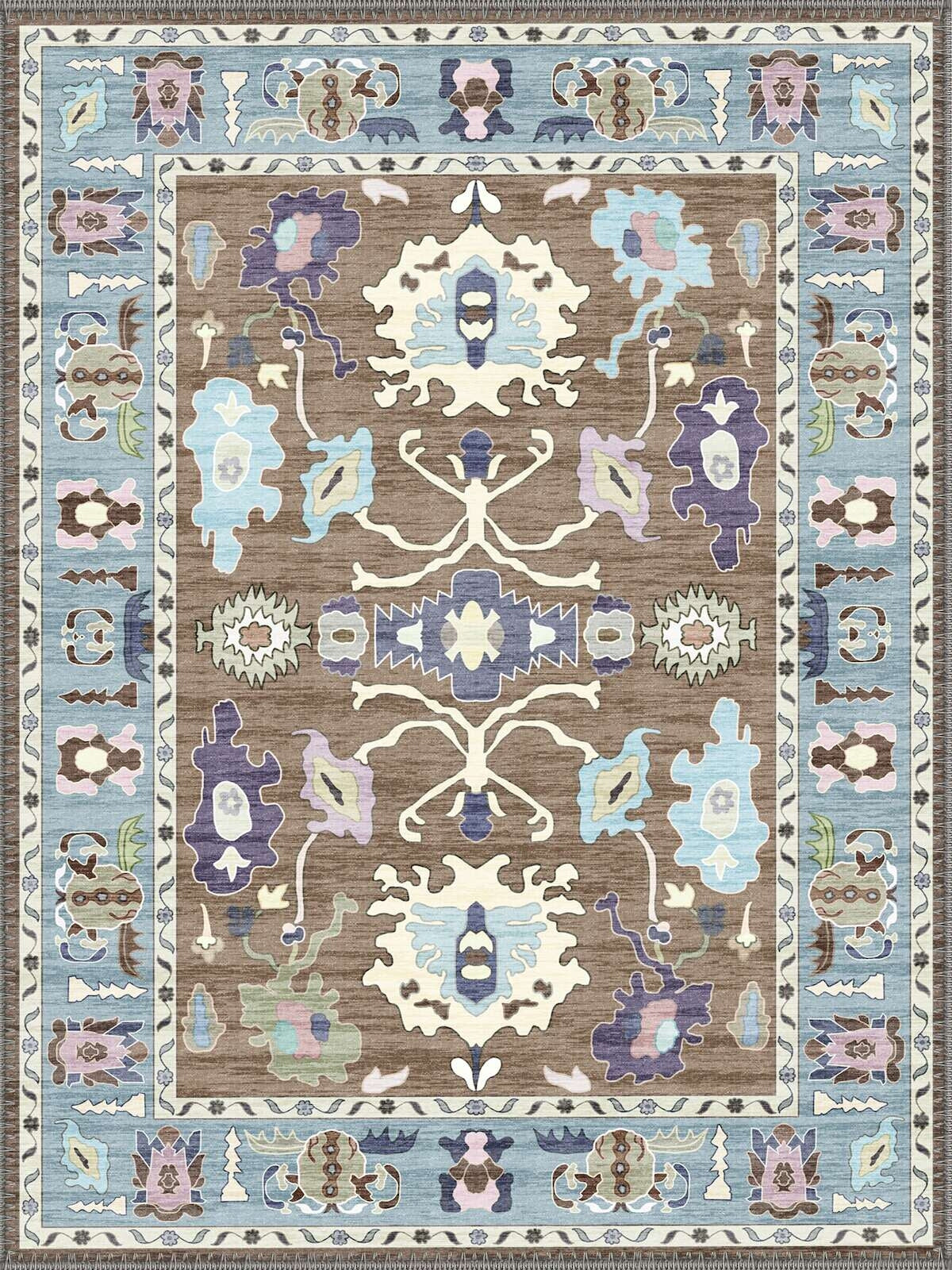 Uşak Pastel Mavi ve Kahve Desenli Vintage Yıkanabilir Özel Ölçü Halı - ürün görseli