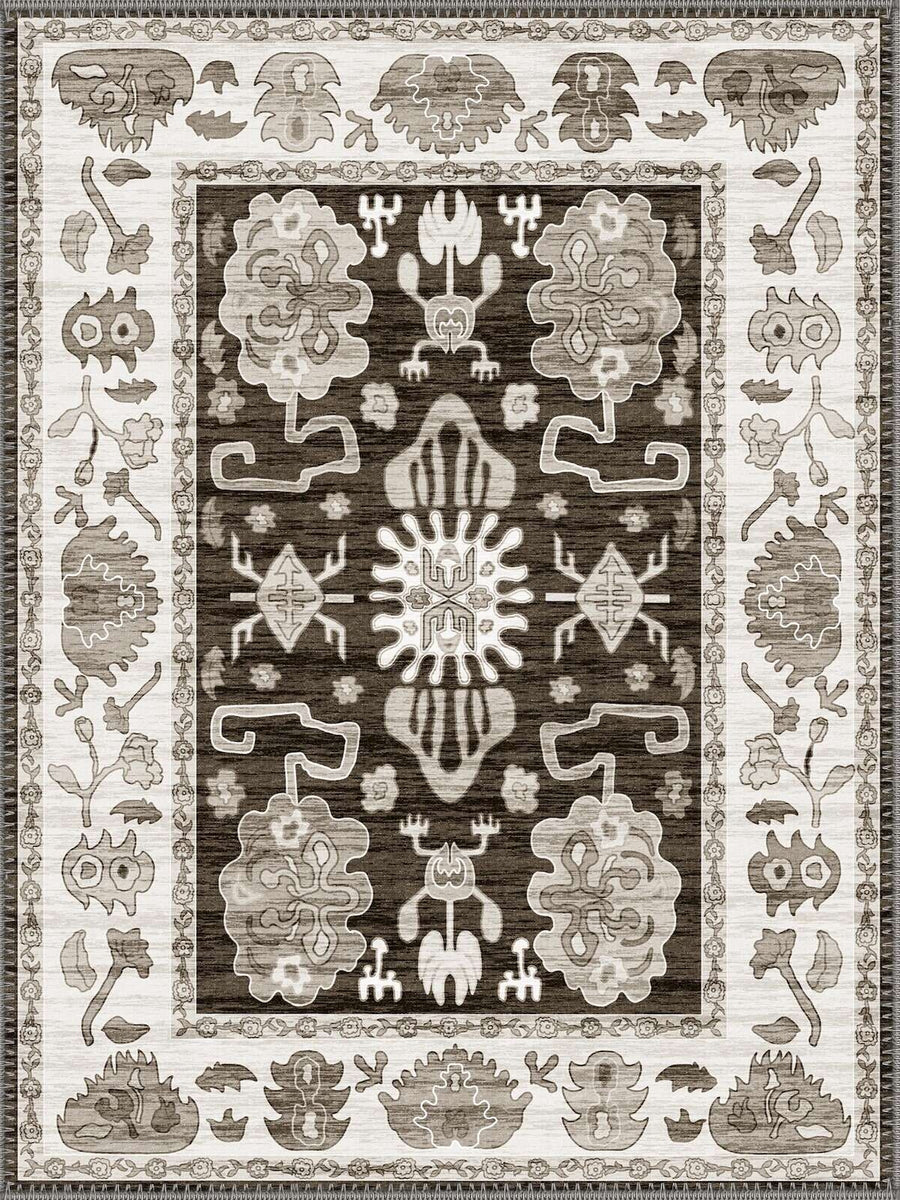 Brenham Uşak Desenli Kahverengi ve Krem Vintage Yıkanabilir Özel Ölçü Halı - ürün görseli