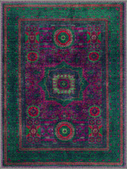 London Uşak Desenli Yeşil ve Fuşya Vintage Yıkanabilir Özel Ölçü Halı - ürün görseli
