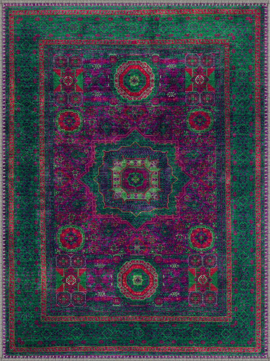 London Uşak Desenli Yeşil ve Fuşya Vintage Yıkanabilir Özel Ölçü Halı - ürün görseli