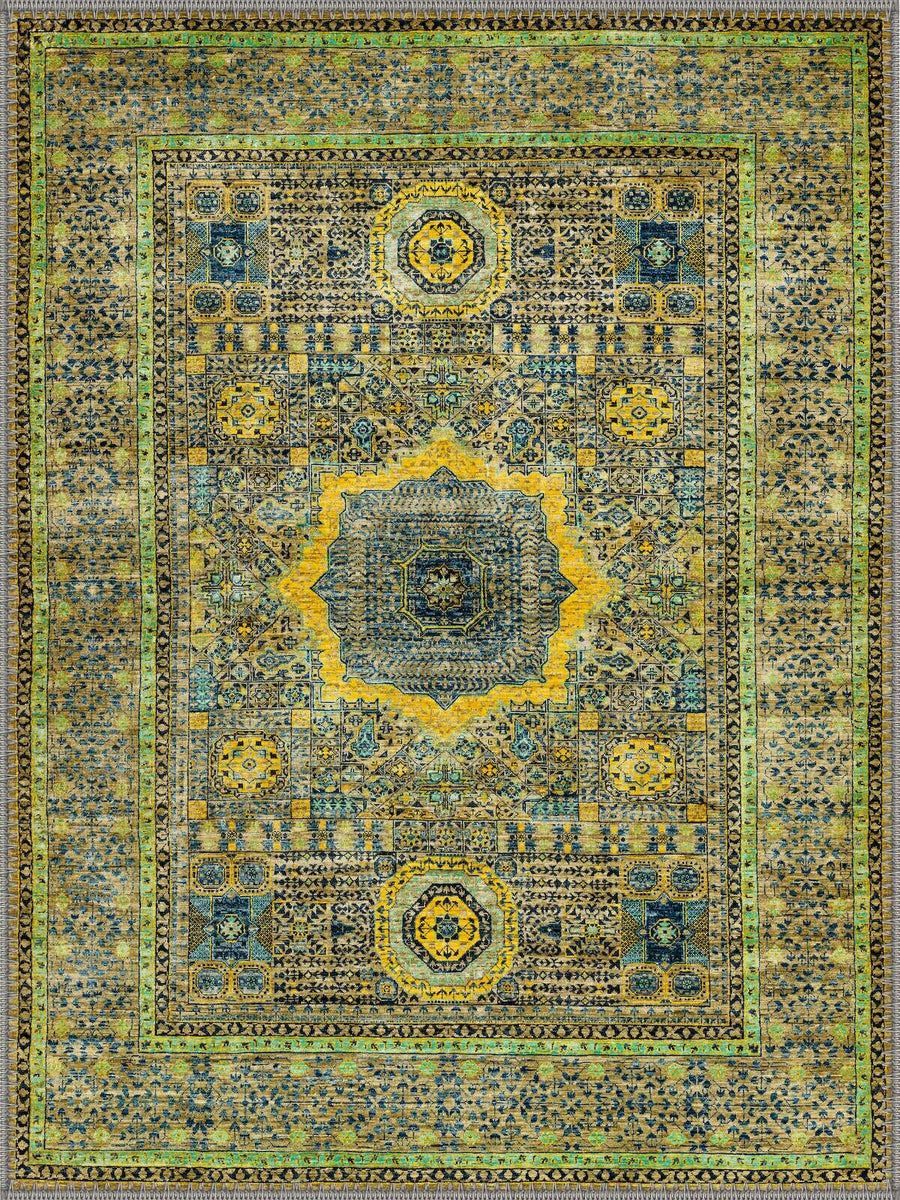 Manchester Uşak Desenli Sarı, Mavi ve Yeşil Vintage Yıkanabilir Özel Ölçü Halı - ürün görseli