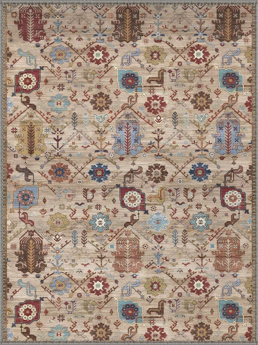 Liverpool Geometrik Kilim Desenli Krem ve Mavi Vintage Yıkanabilir Özel Ölçü Halı - ürün görseli