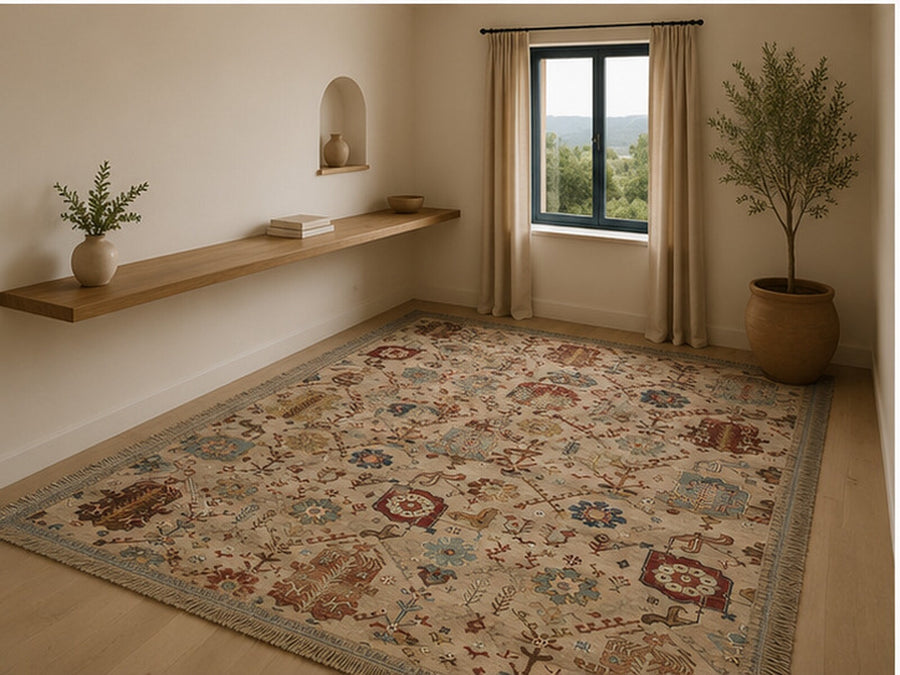 Liverpool Geometrik Kilim Desenli Krem ve Mavi Vintage Yıkanabilir Özel Ölçü Halı - ürün görseli