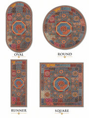 Leeds Madalyon Desenli Mavi ve Kırmızı Vintage Yıkanabilir Özel Ölçü Halı - ürün görseli