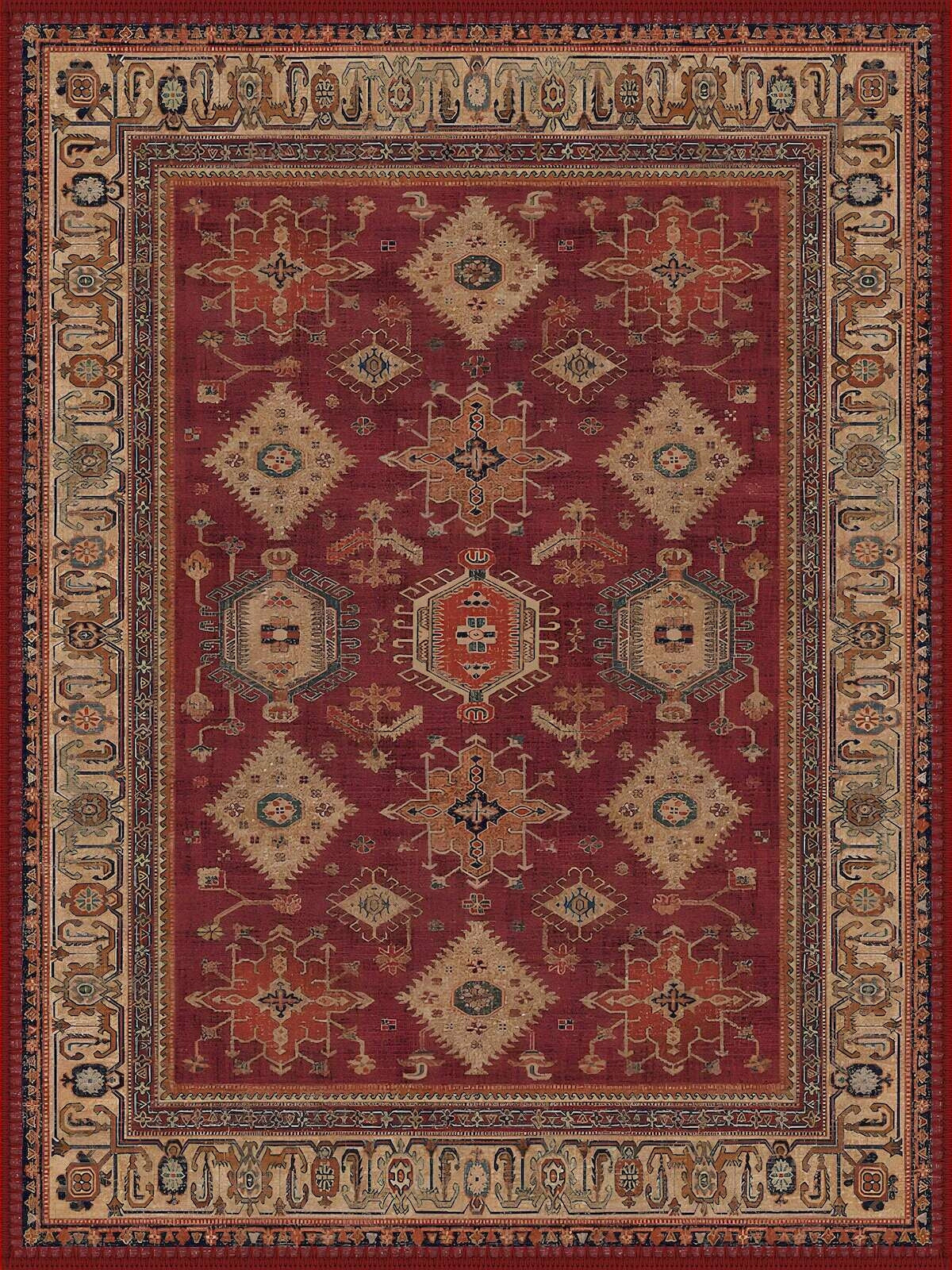 Sheffield Geleneksel Geometrik Desenli Bordo ve Krem Vintage Yıkanabilir Özel Ölçü Halı - ürün görseli