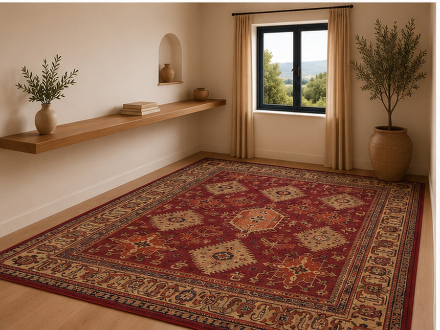 Sheffield Geleneksel Geometrik Desenli Bordo ve Krem Vintage Yıkanabilir Özel Ölçü Halı - ürün görseli