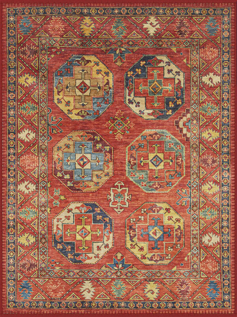 Culver City İran Desenli Kiremit, Mavi ve Krem Vintage Yıkanabilir Özel Ölçü Halı - ürün görseli
