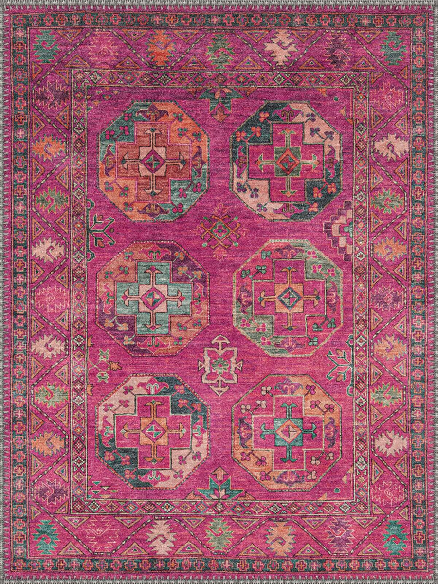 Nottingham El Halısı Desenli Fuşya ve Turkuaz Vintage Yıkanabilir Özel Ölçü Halı - ürün görseli