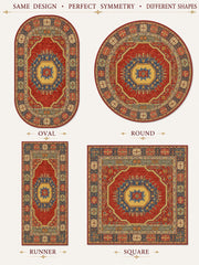 Leicester El Halısı Desenli Kırmızı ve Lacivert Vintage Yıkanabilir Özel Ölçü Halı - ürün görseli