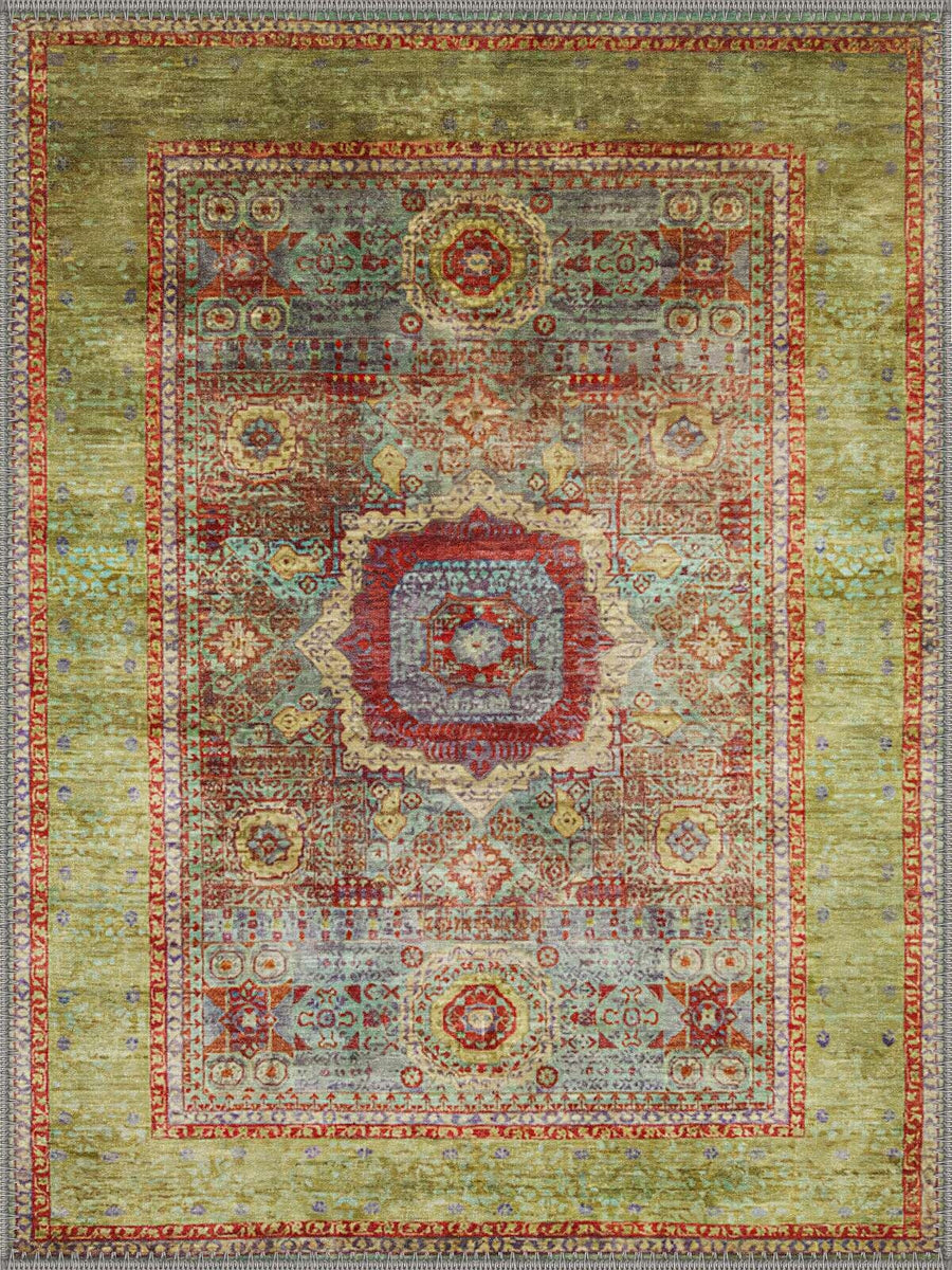 Bradford Madalyonlu El Halısı Desenli Yeşil ve Kiremit Vintage Yıkanabilir Özel Ölçü Halı - ürün görseli
