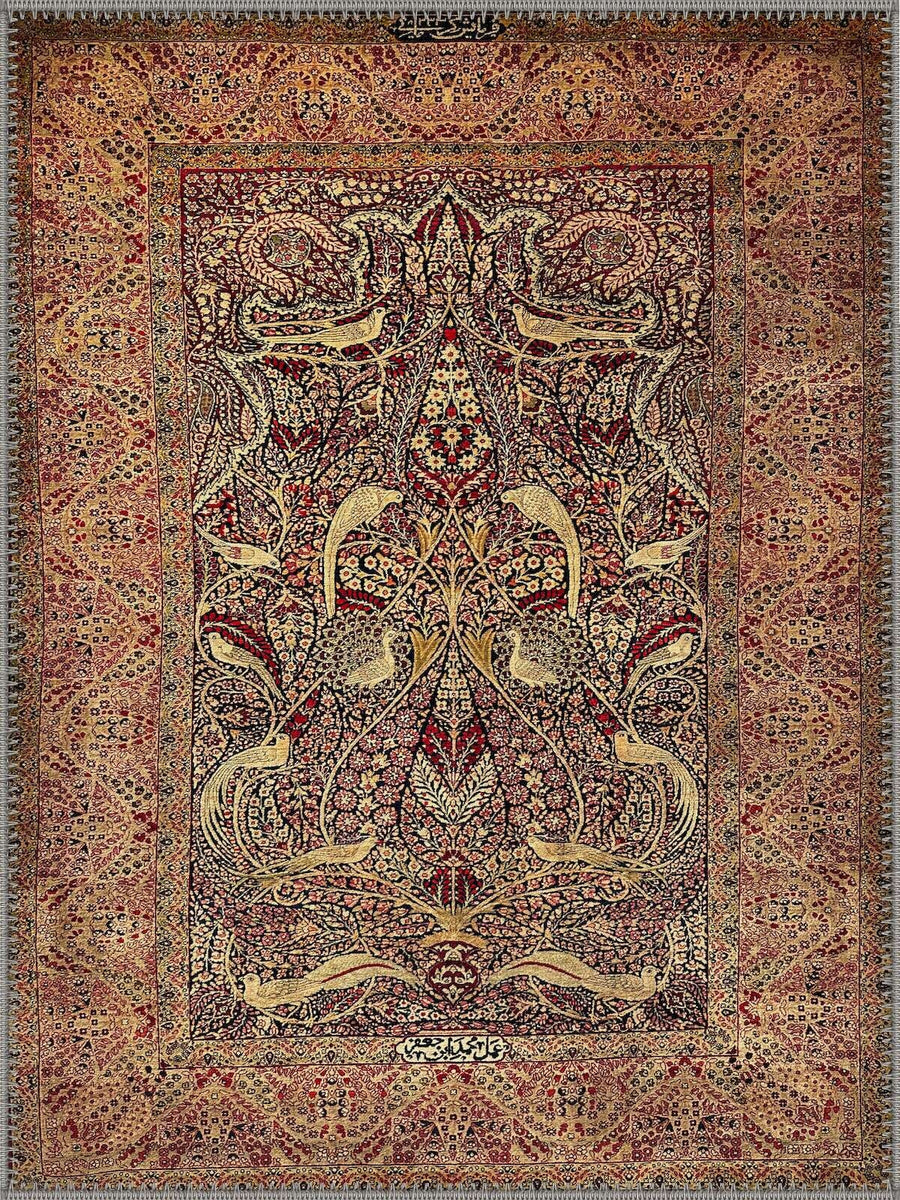 Plymouth Kuş Desenli El Halısı Görünümlü Kahverengi ve Krem Vintage Yıkanabilir Özel Ölçü Halı - ürün görseli