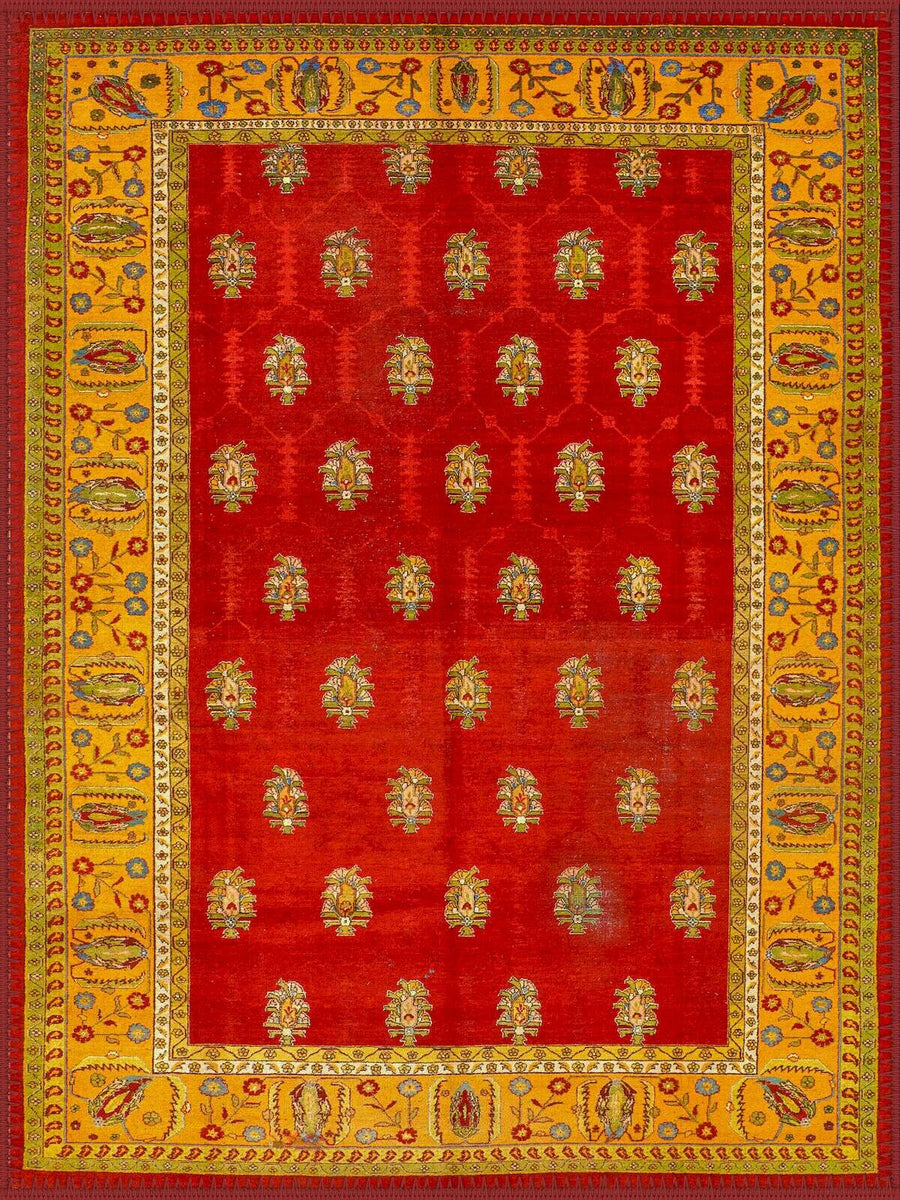 Cambridge El Halısı Desenli Kırmızı ve Hardal Sarısı Vintage Yıkanabilir Özel Ölçü Halı - ürün görseli