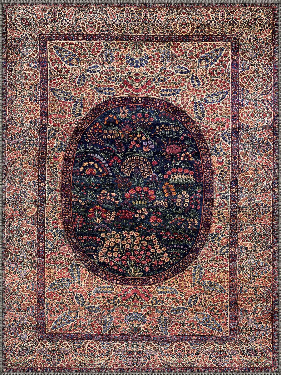 Exeter Madalyonlu El Halısı Desenli Krem ve Lacivert Çiçekli Vintage Yıkanabilir Özel Ölçü Halı - ürün görseli