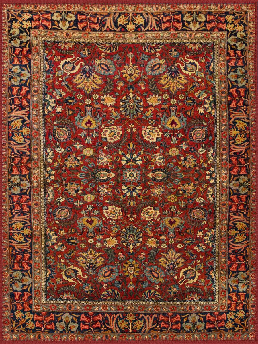 Norwich El Halısı Desenli Kırmızı ve Lacivert Çiçekli Vintage Yıkanabilir Özel Ölçü Halı - ürün görseli