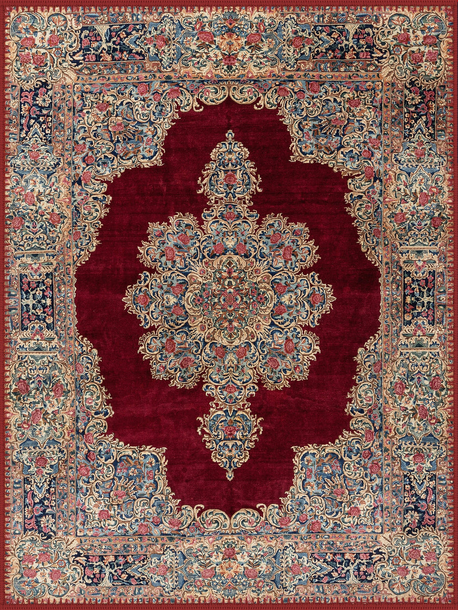 Gloucester Madalyonlu El Halısı Desenli Bordo ve Lacivert Çiçekli Vintage Yıkanabilir Özel Ölçü Halı - ürün görseli