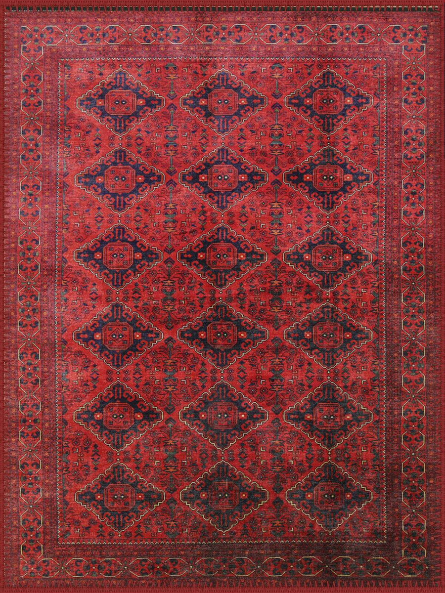 Bath Geometrik Madalyon Desenli El Halısı Görünümlü Kırmızı Vintage Yıkanabilir Özel Ölçü Halı - ürün görseli