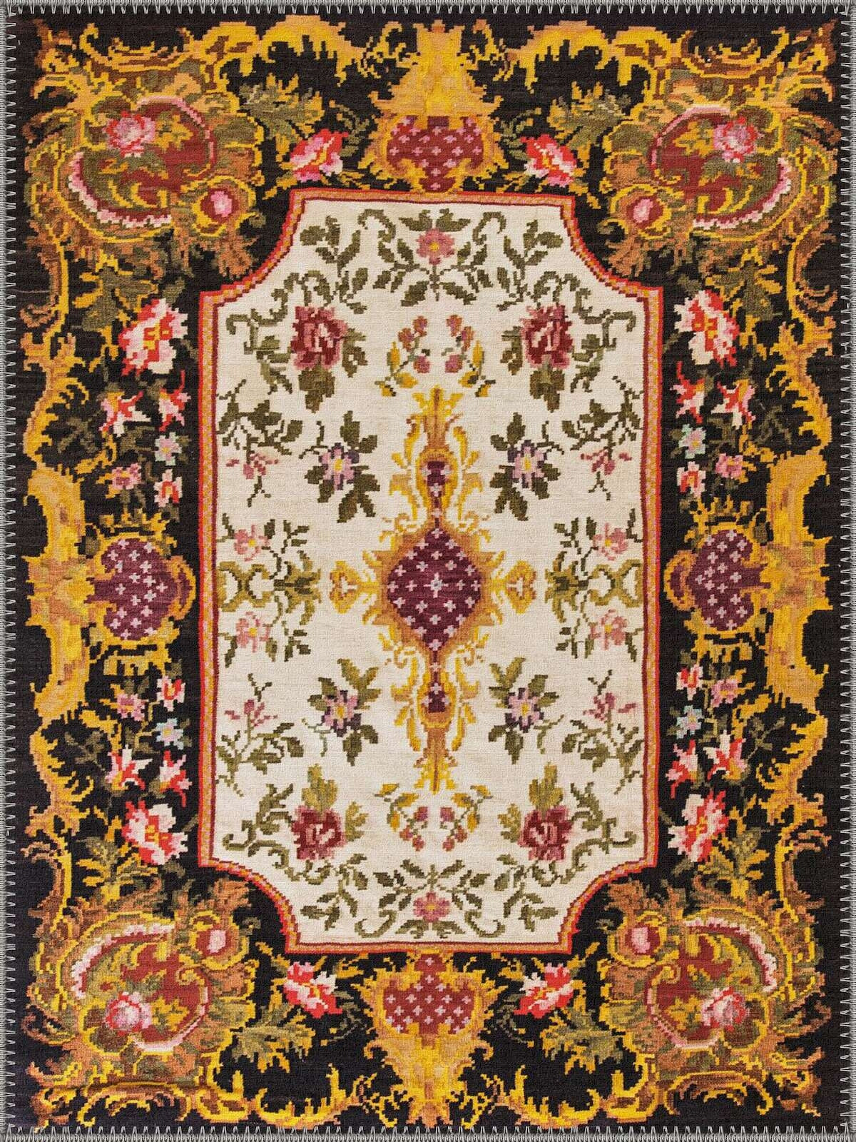 Lincoln Çiçekli El Halısı Desenli Siyah ve Krem Vintage Yıkanabilir Özel Ölçü Halı - ürün görseli