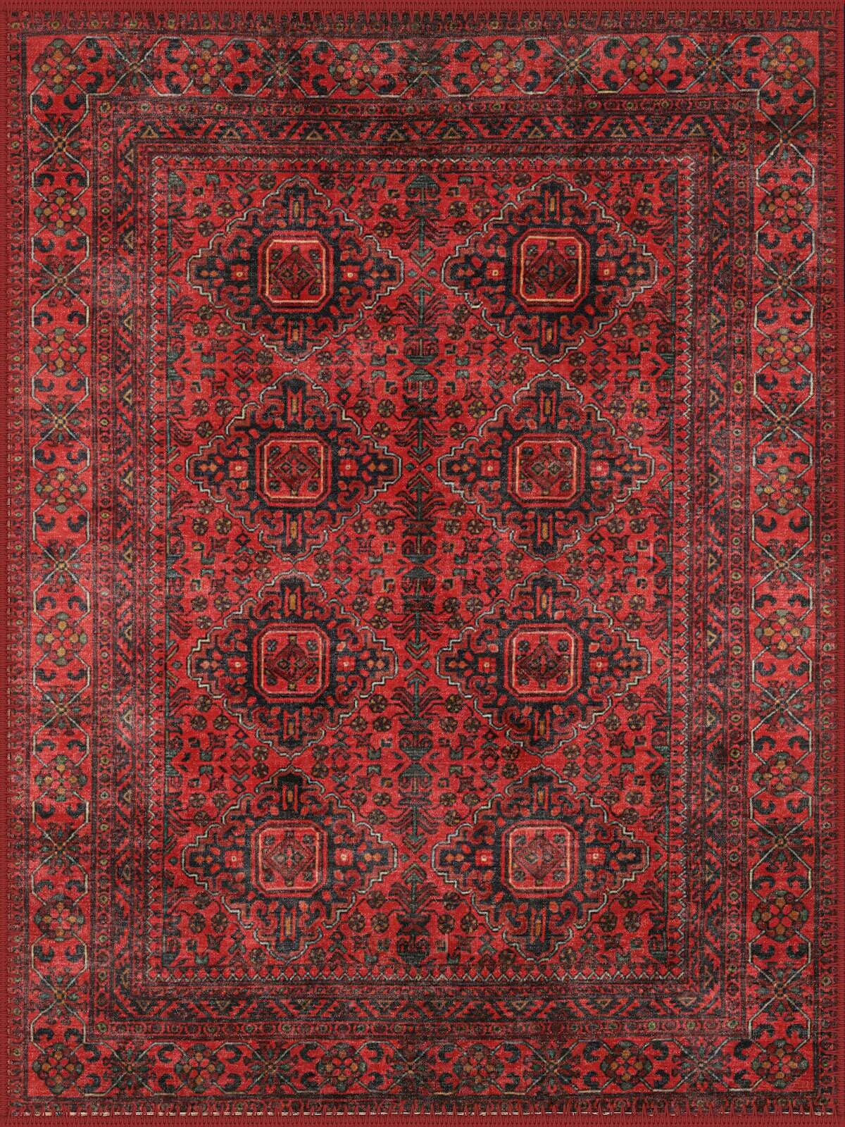 Worcester Geometrik Desenli El Halısı Görünümlü Kırmızı Vintage Yıkanabilir Özel Ölçü Halı - ürün görseli