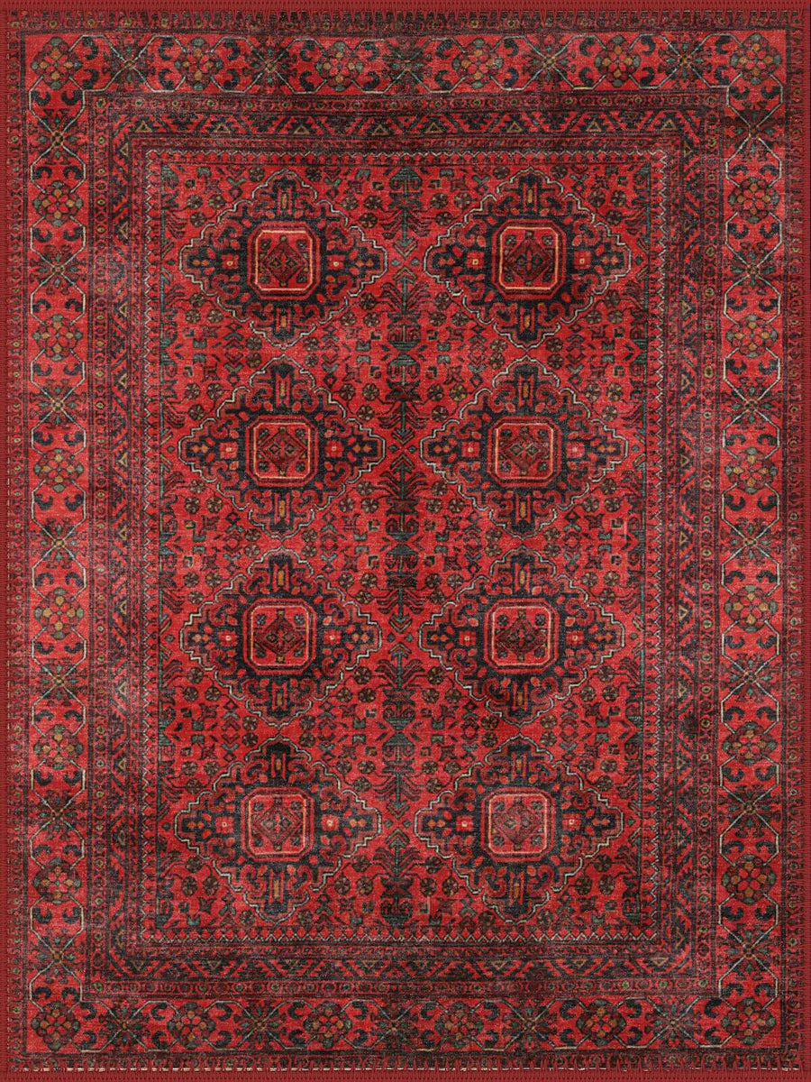Worcester Geometrik Desenli El Halısı Görünümlü Kırmızı Vintage Yıkanabilir Özel Ölçü Halı - ürün görseli