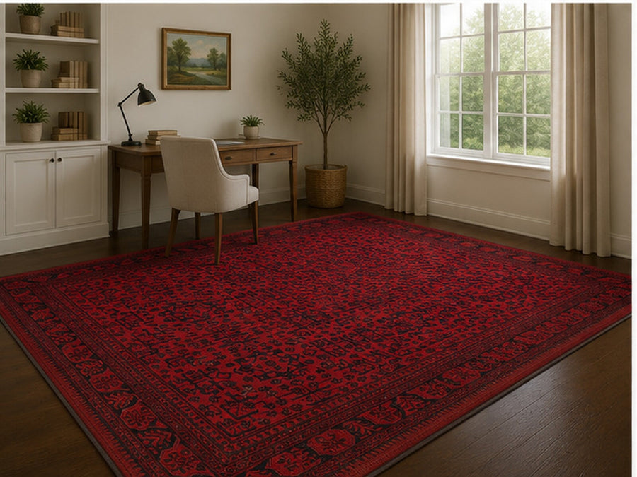 Ely Kırmızı Geometrik Desenli Vintage Yıkanabilir Özel Ölçü Halı - ürün görseli
