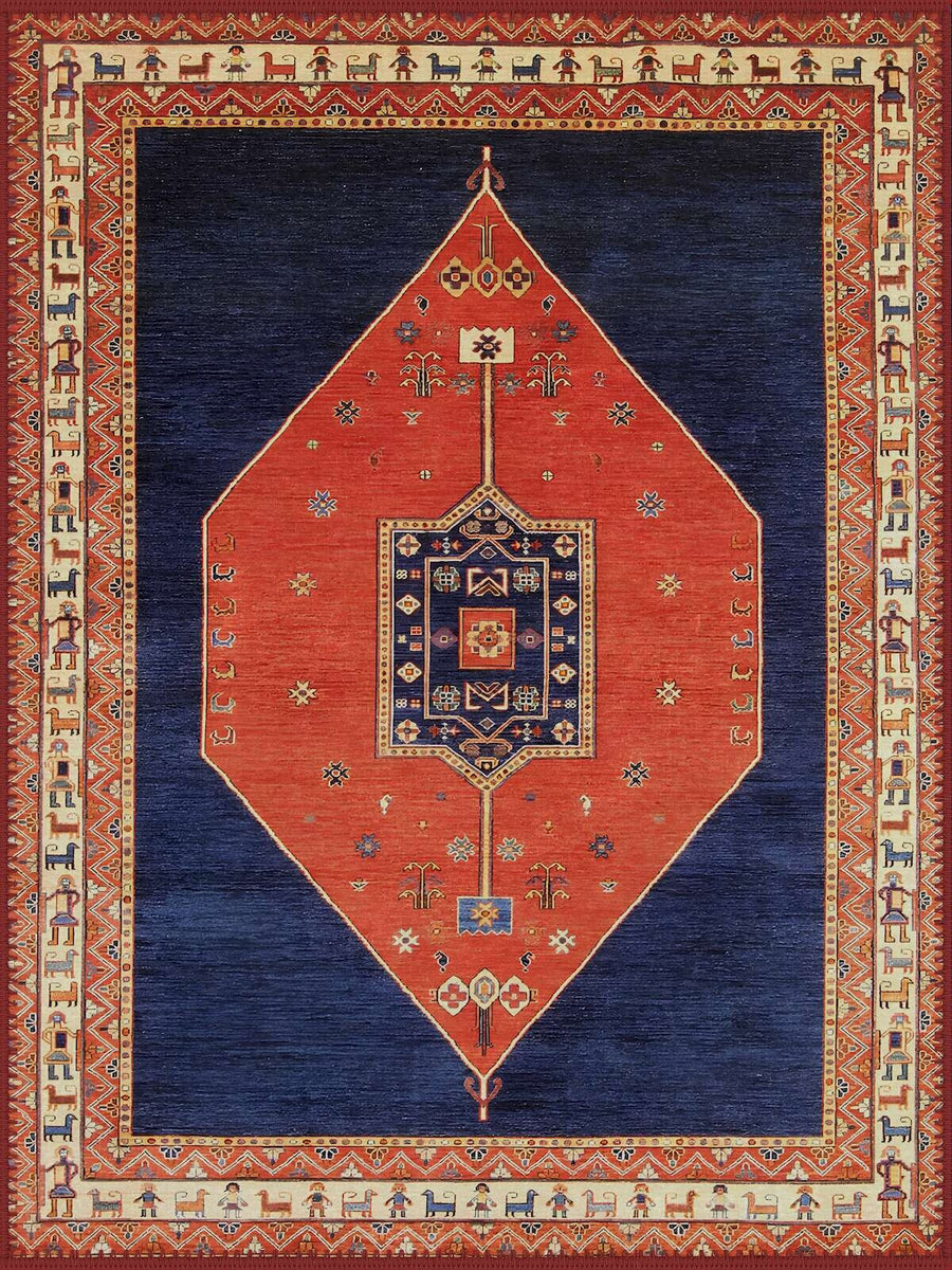 Peterborough Kırmızı Lacivert Geometrik Desenli Vintage Yıkanabilir Özel Ölçü Halı - ürün görseli