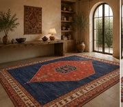 Peterborough Kırmızı Lacivert Geometrik Desenli Vintage Yıkanabilir Özel Ölçü Halı - ürün görseli