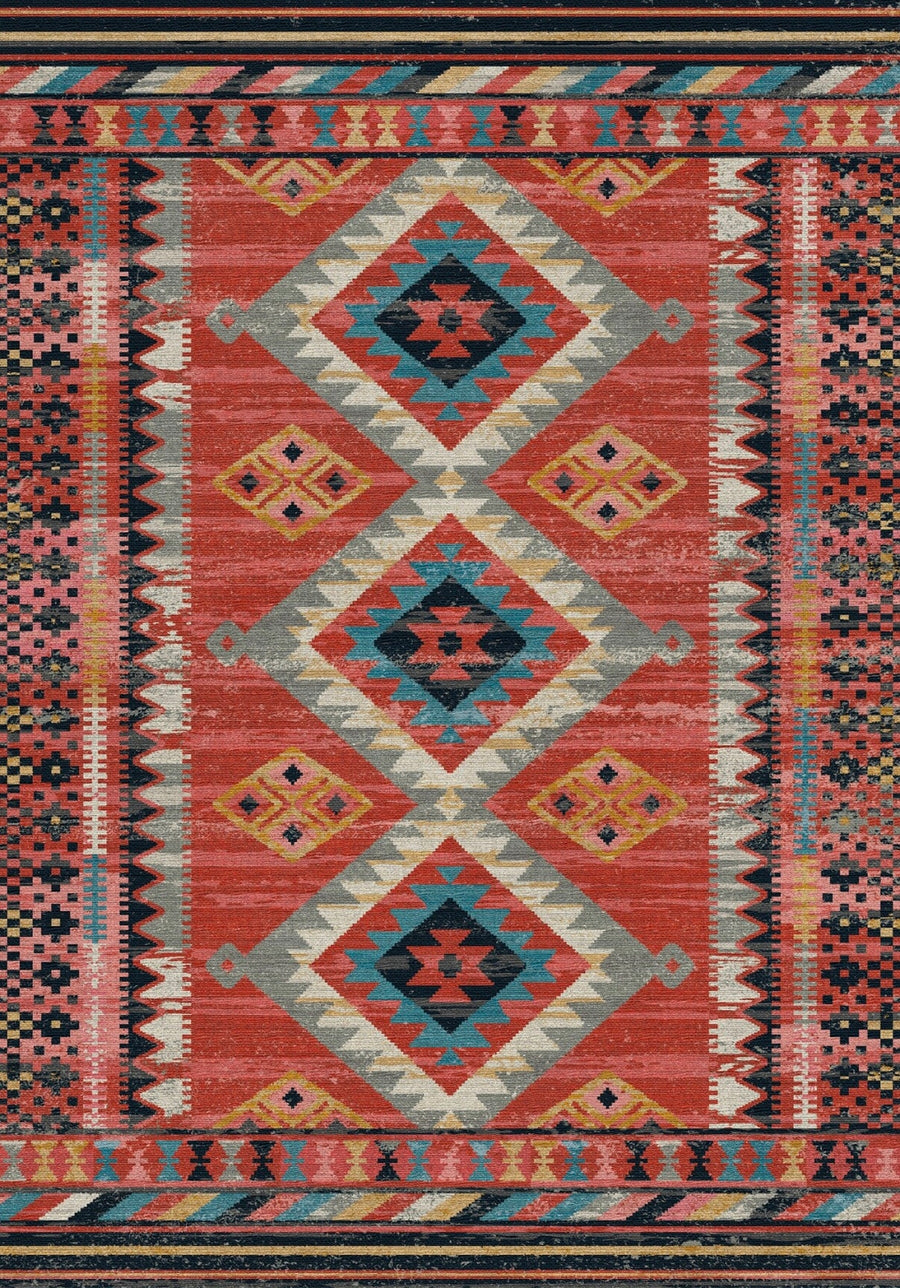 Colchester Kırmızı Geometrik Kilim Desenli Vintage Yıkanabilir Özel Ölçü Halı - ürün görseli