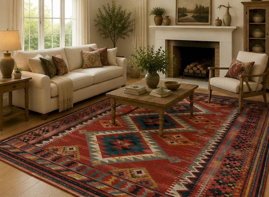 Colchester Kırmızı Geometrik Kilim Desenli Vintage Yıkanabilir Özel Ölçü Halı - ürün görseli