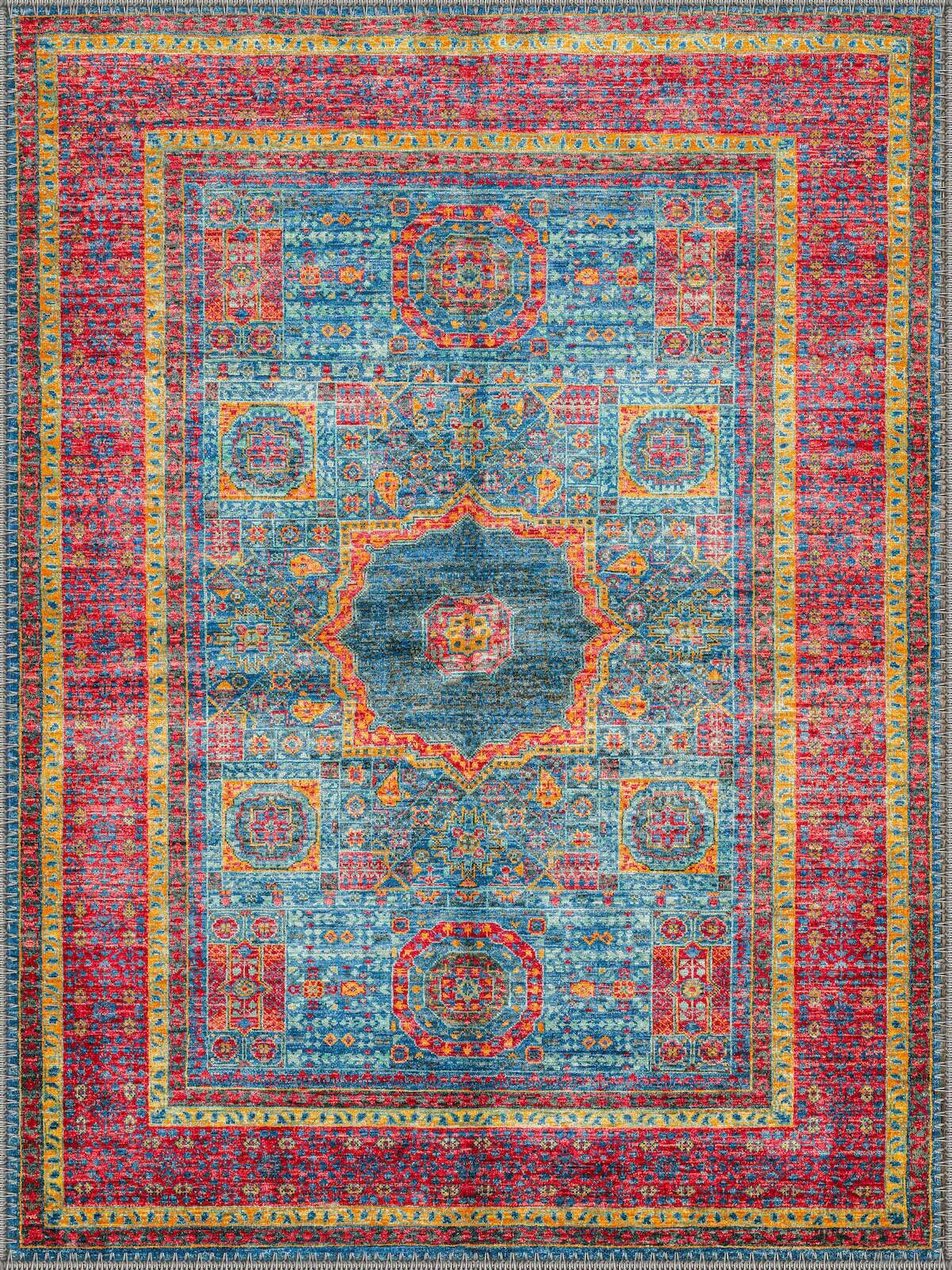 Doncaster Mavi Kırmızı Madalyon Desenli Vintage Yıkanabilir Özel Ölçü Halı - ürün görseli