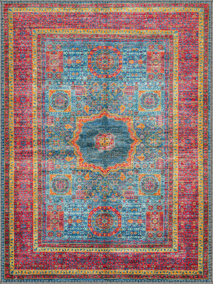 Doncaster Mavi Kırmızı Madalyon Desenli Vintage Yıkanabilir Özel Ölçü Halı - ürün görseli