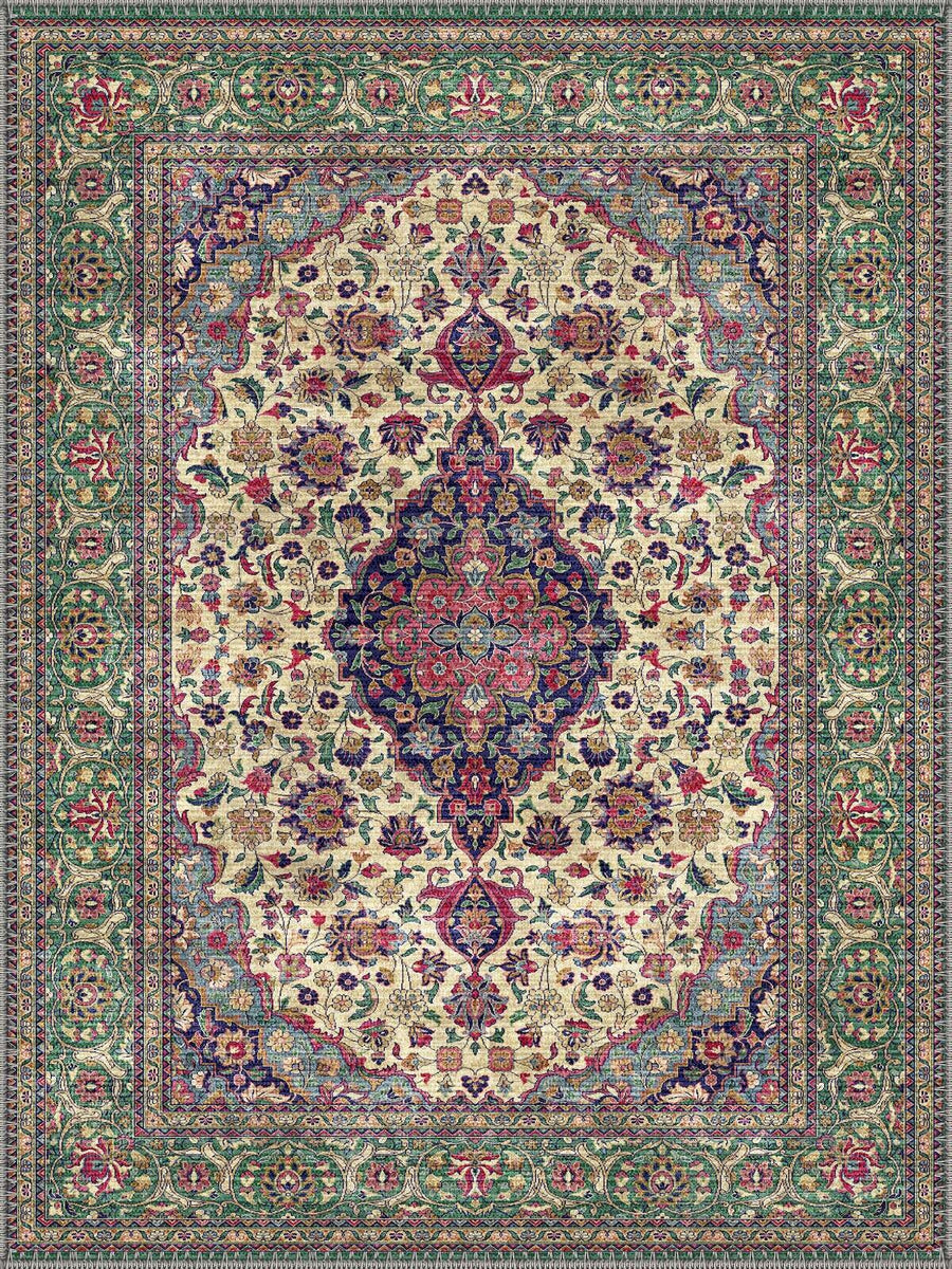 Wakefield Yeşil Madalyon Desenli Çiçekli Vintage Yıkanabilir Özel Ölçü Halı - ürün görseli
