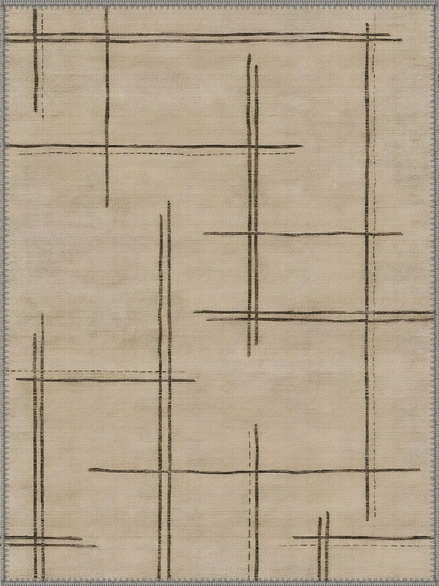 Castroville Modern Geometrik Krem ve Kahverengi Çizgili Minimal Yıkanabilir Özel Ölçü Halı - ürün görseli