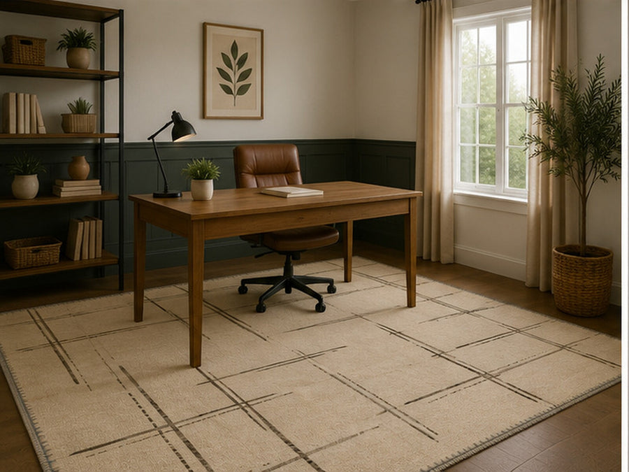 Castroville Modern Geometrik Krem ve Kahverengi Çizgili Minimal Yıkanabilir Özel Ölçü Halı - ürün görseli