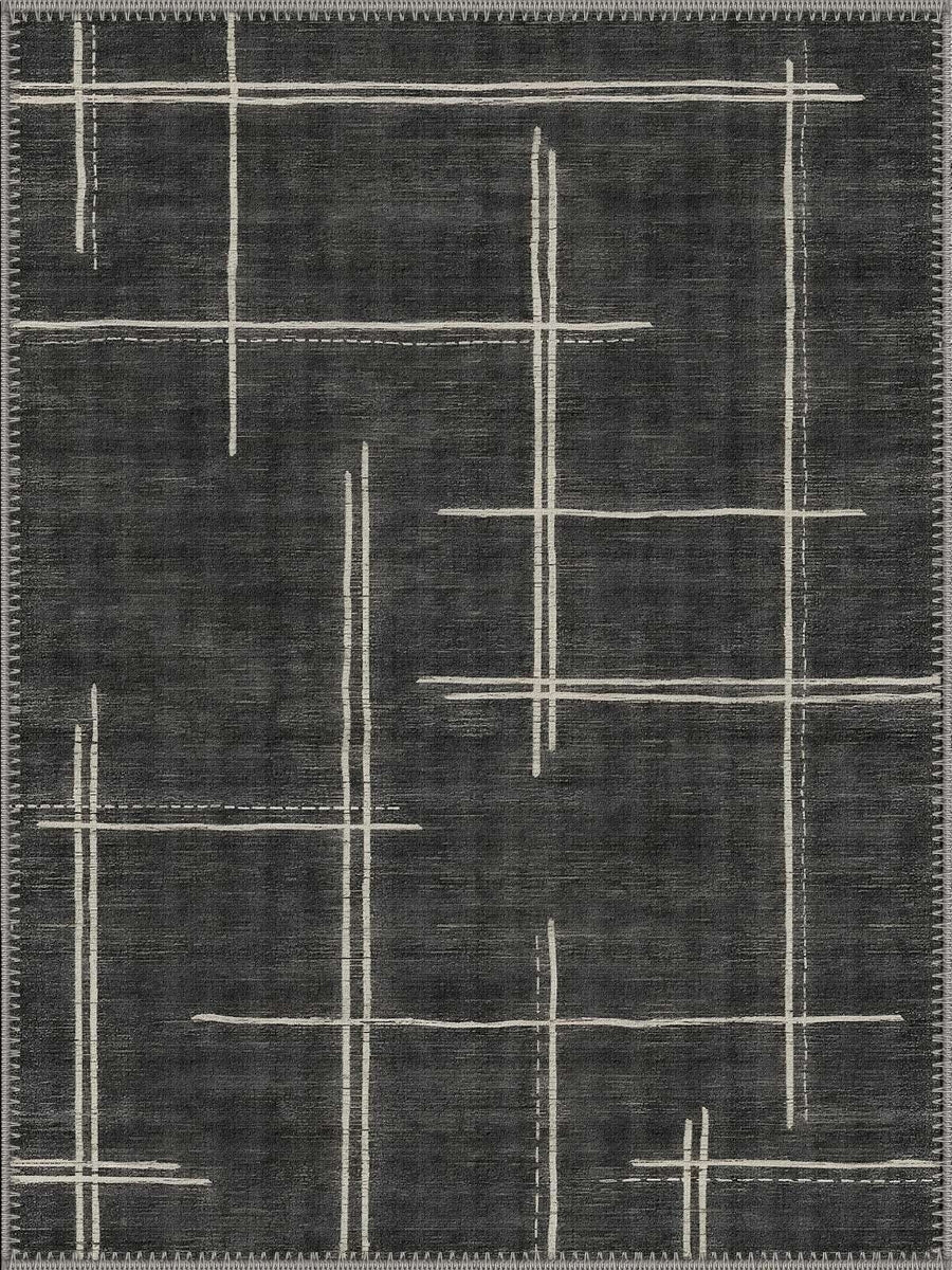 North Park Modern Geometrik Antrasit ve Krem Çizgili Minimal Yıkanabilir Özel Ölçü Halı - ürün görseli
