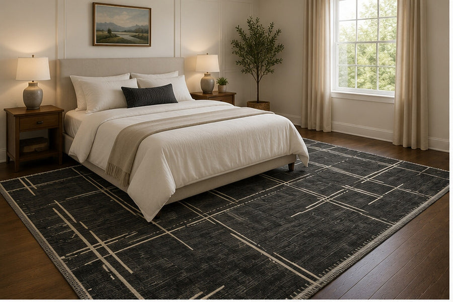 North Park Modern Geometrik Antrasit ve Krem Çizgili Minimal Yıkanabilir Özel Ölçü Halı - ürün görseli