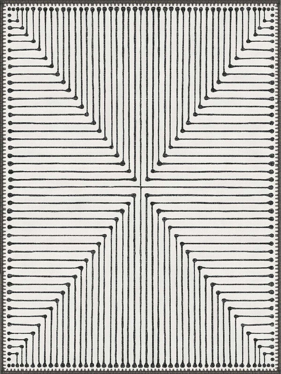 Cleburne Modern Geometrik Siyah Beyaz Çizgili Minimal Yıkanabilir Özel Ölçü Halı - ürün görseli