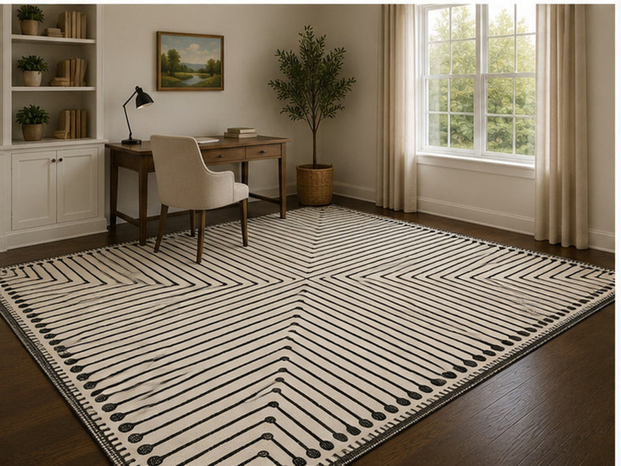 Cleburne Modern Geometrik Siyah Beyaz Çizgili Minimal Yıkanabilir Özel Ölçü Halı - ürün görseli