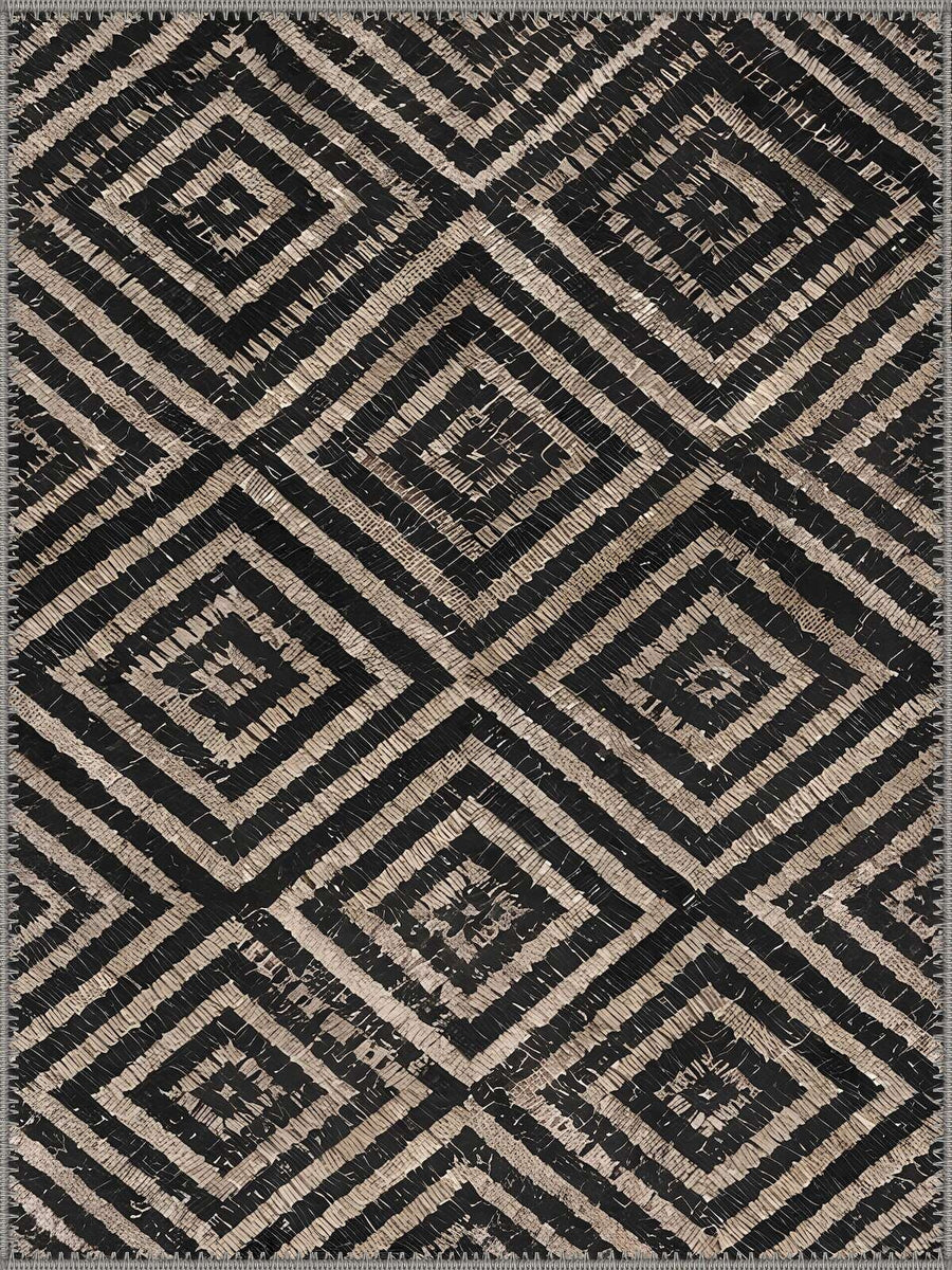 Schopenhauer Modern Geometrik Siyah ve Bej Elmas Desenli Yıkanabilir Özel Ölçü Halı - ürün görseli