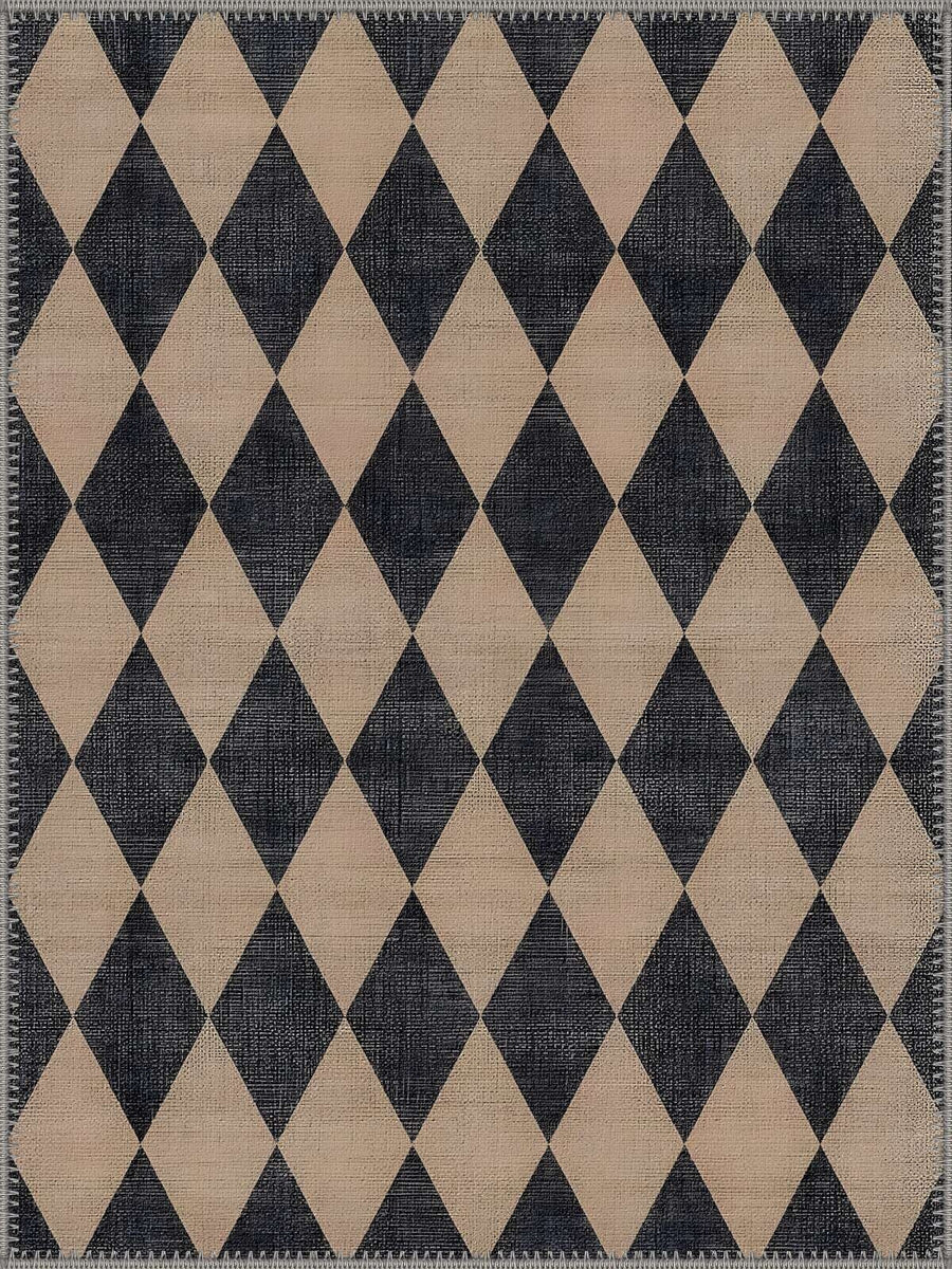 Kierkegaard Modern Geometrik Siyah ve Bej Elmas Desenli Yıkanabilir Özel Ölçü Halı - ürün görseli