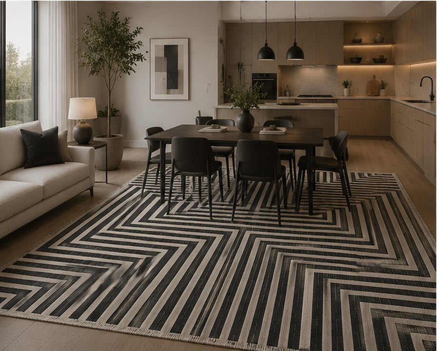 Granbury Modern Geometrik Siyah ve Krem Çizgili Yıkanabilir Özel Ölçü Halı - ürün görseli