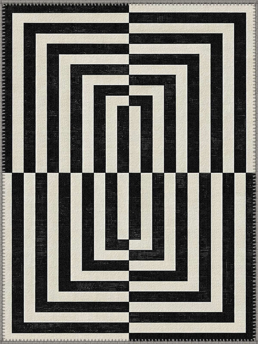 Euclid Modern Geometrik Siyah ve Krem Desenli Yıkanabilir Özel Ölçü Halı - ürün görseli