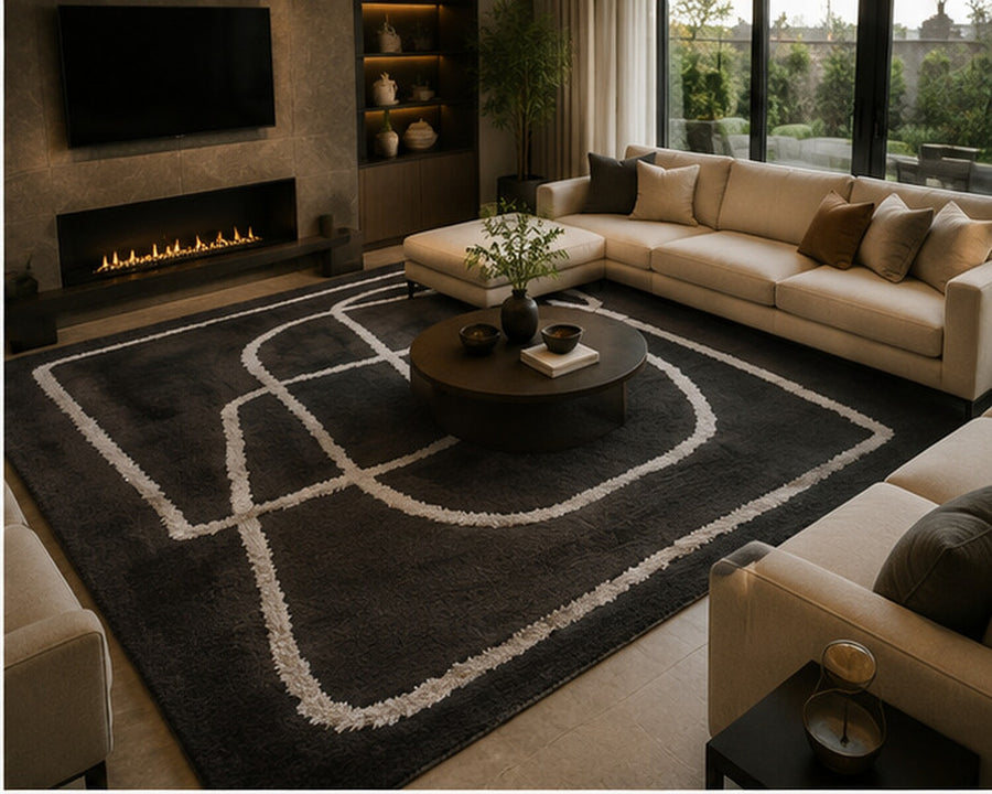 Westlake Modern Soyut Çizgili Siyah ve Krem Yıkanabilir Özel Ölçü Halı - ürün görseli