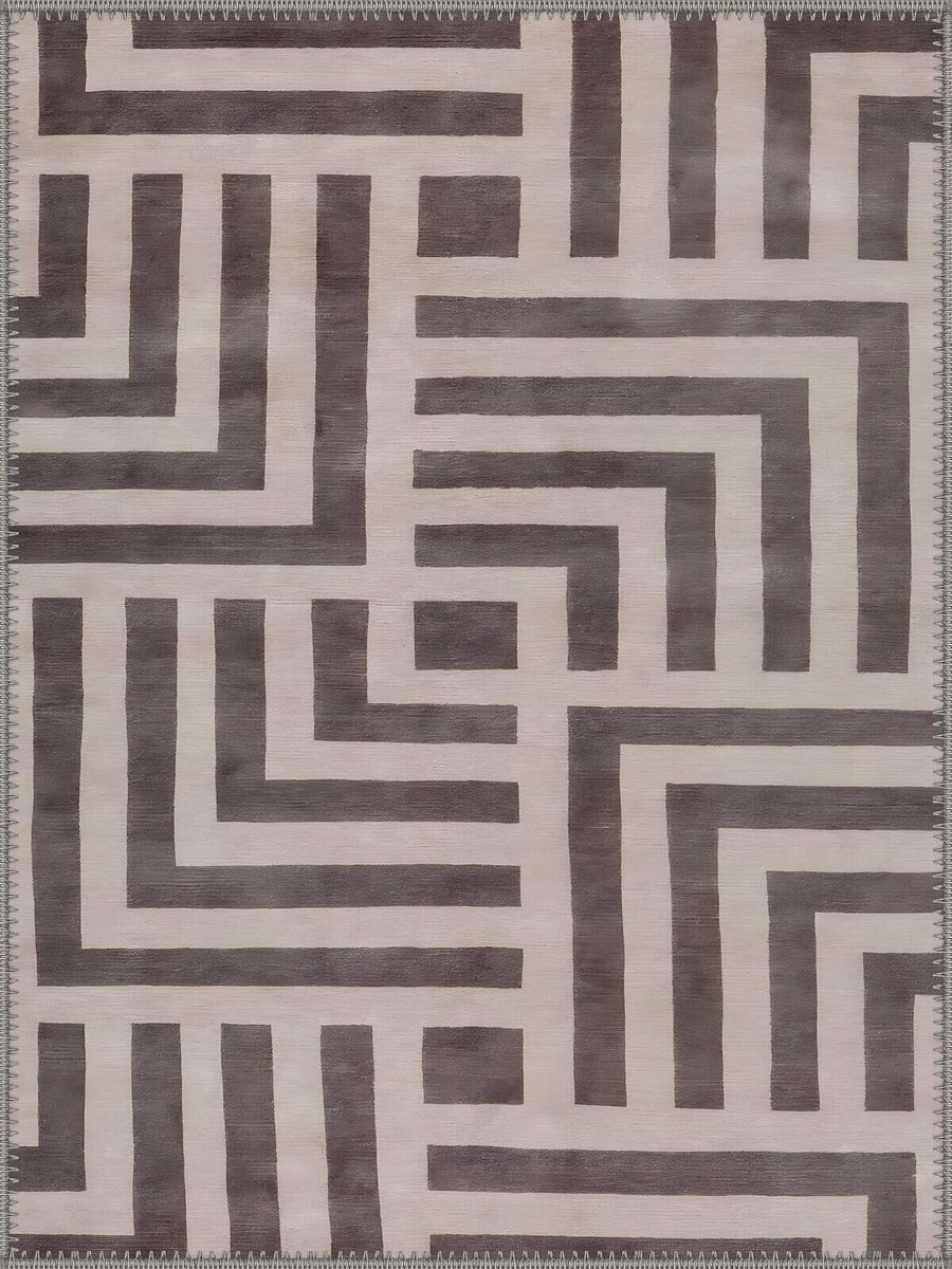 Venice Modern Geometrik Labirent Desenli Gri ve Krem Yıkanabilir Özel Ölçü Halı - ürün görseli