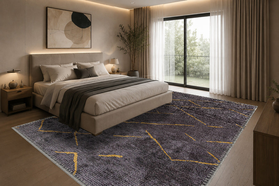 Seguin Geometrik Desenli Antrasit ve Altın Yıkanabilir Özel Ölçü Halı - ürün görseli